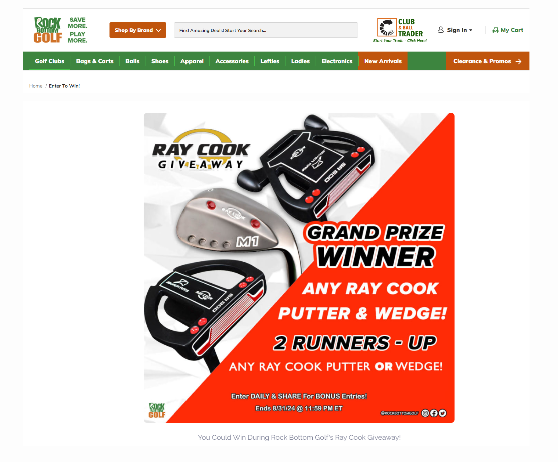 Rock Bottom Golf promotional image for Ray Cook gear giveaway, highlighting prizes such as putters and wedges.